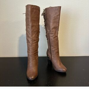 Brown Faux Leather Lace Up Back Heeled Tall Boots